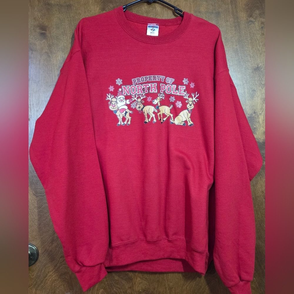 Christmas Crewneck Red Ugly Sweatshirt Santa Reindeer Property of North Pole LG